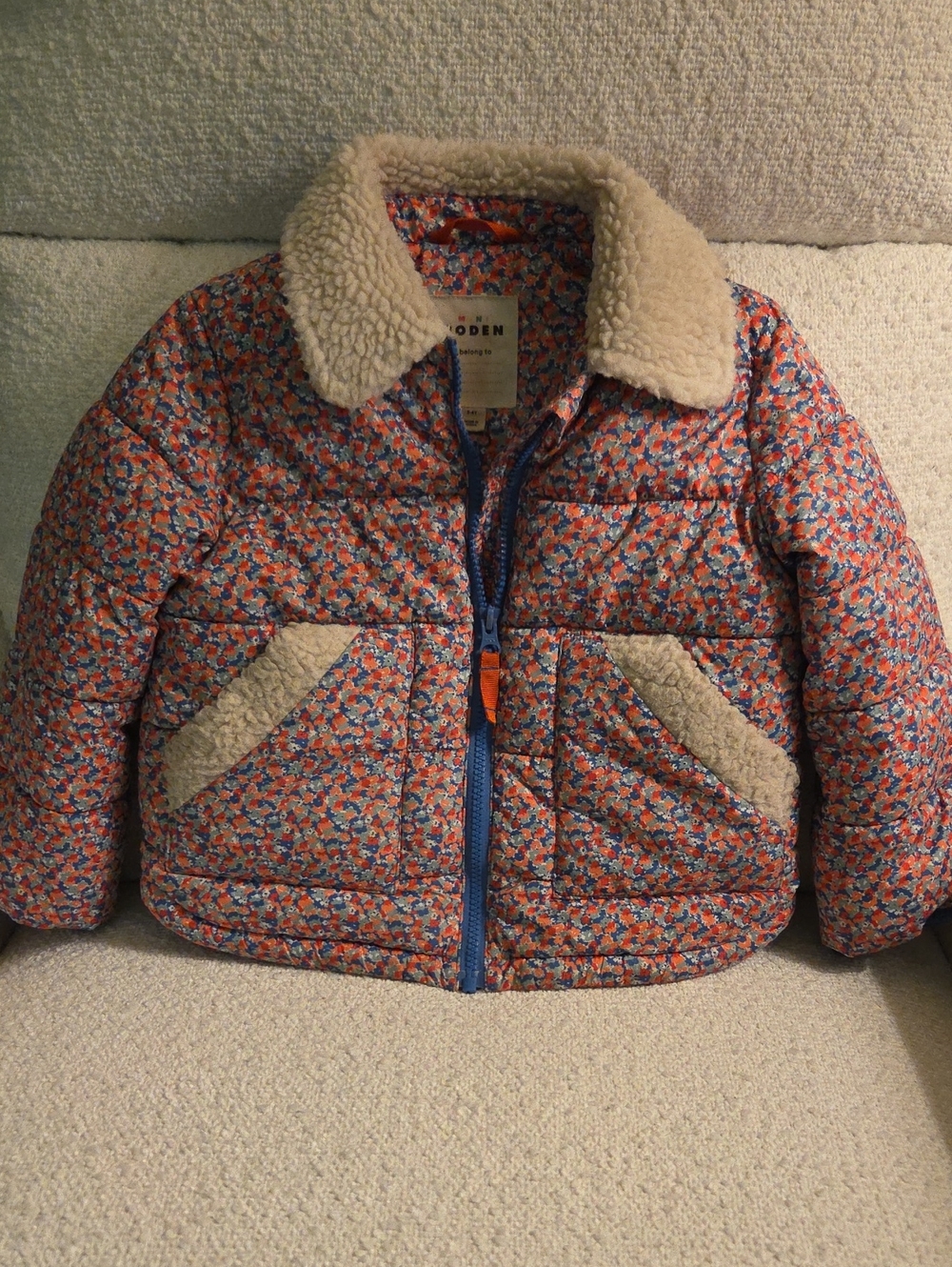 Mini Boden Orange and Blue Floral Sherpa Collar Puffer Jacket
